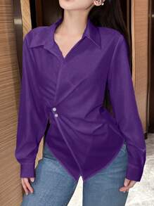 SHEIN LUNE 女士纯色长袖裹身衬衫，春秋女士衬衫 - 紫色 - 查看 6