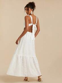 Travachic 女士度假露背系带腰部镂空纹理面料迷你连衣裙 - 白色 - 查看 2