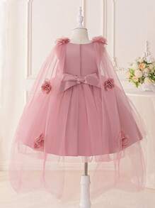 Glamorique Kids 女孩优雅多层薄纱披肩，带 3D 蝴蝶结、仿珍珠和蕾丝花边，蓬松公主裙，适合生日、婚礼、派对活动 - 藕粉色 - 查看 2