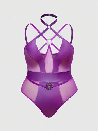 Grunge Punk Große Größen Punk Rock Musik Festival Party Mesh Patchwork Kunstleder Pentagramm Metall Sexy Dessous Bodysuit