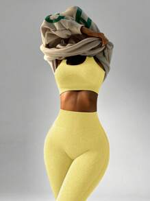 SHEIN Core Rhythm 女士纯色无袖简约上衣和长裤休闲运动套装健身女士套装女士健身套装