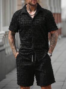 Manfinity Homme 男士两件套：短袖纽扣衬衫配短裤 男士两件套服装 夏季男士两件套服装短套装 男士两件套服装 男士两件套服装短套装 男士两件套服装 - 黑色 - 查看 5