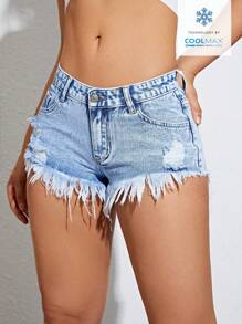 SHEIN EZwear 女式流苏下摆牛仔短裤，夏季时尚 - 淺色水洗藍 - 查看 4