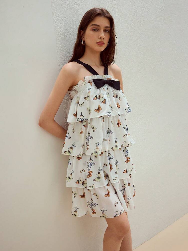 MOTF STUDIO BUTTERFLY PATTERN TIERED LAYER DRESS LINEN
