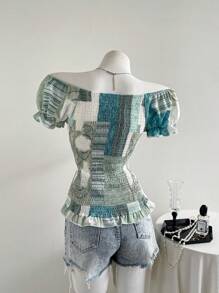 Flirla Women Pieced Flower Print Puff Sleeve Single Breasted Fashion Top - Multicolor - View 2