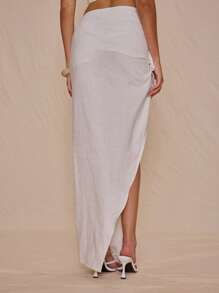 MUSERA Ruched Detail Asymmetrical Hem Maxi Fitted Woven Skirt Summer Soft Serve Chic Elegant - Beige - View 4