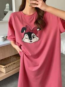 Dazy Plus Plus Size Cartoon Pattern Round Neck Short Sleeve Loose Straight Fit Pink Nightgown Pajama - Hot Pink - View 9