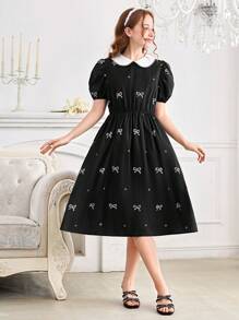 Teen Girl Elegant Sweet Bowknot Decor Black Mid-Length Dress, White Lace Collar Puff Sleeve Cinched Waist Midi Dress For Teenage Girls - Black - View 3