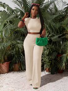 Slaydiva 新款休闲基础运动风春夏圆领短袖截短T恤+阔腿超长裤玫红色条纹纹理针织面料女两件套-I - 杏色 - 查看 6