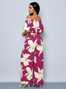 SOLERSUN Spring And Autumn Women Casual Vacation Outfit, Blue Floral Print One Shoulder Cropped Top With Gathered Cuffs, Waist Tie Wide Leg Pants Two Pieces Set