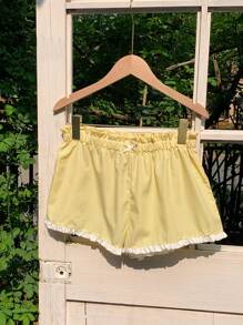 Comfortcana Women's Yellow Gingham Mini Shorts: Casual Woven Fabric Paperbag Waist Shorts With Ruffle Trim - Yellow - View 3