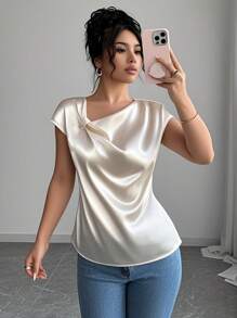 Franclia 1 件女式法式蝴蝶装饰衬衫，女式杏色不对称领衬衫 - 杏色 - 查看 4