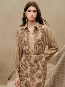 Anewsta 2pcs Textured Embossed Jacquard Elegant Office Lady Chic Blouse & A-Line Skirt Set, Suitable For Spring, Festivals, Casual, Vacation, Holiday, Old Money - Brown - View 4