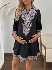 SHEIN Pregnant Women Summer Bohemian Floral Print 3/4 Sleeve Loose Maternity Dress - Black - View 4