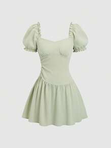 Sweetra Women's Ruched Square Neck Puff Sleeve Elegant Casual Dress, Spring/Summer - Green - View 1