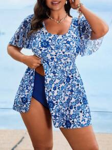 Swim Mod Plus Size Women's 2 Pieces Ditsy Floral Digital Print Tankini Swimwear Set, Fashionable & Tummy Flattering For Summer Beach Vacation - Multicolor - View 6