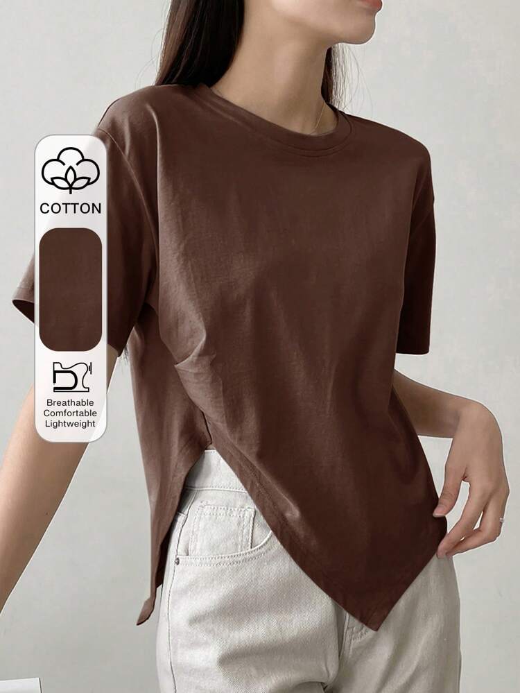 Women's Asymmetric Slit Short Sleeve T-Shirt, Casual Business Design Old Money Style