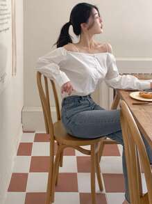 DAZY Blusa elegante de unicolor con hombros descubiertos y manga larga para mujeres, ropa de mujer para otoño