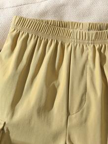 SHEIN Young Boys Casual Solid Color Straight Leg Bermuda Shorts, Comfortable & Fashionable Summer - Khaki - View 5
