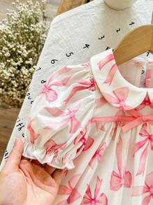 SHEIN Baby Girl Simple Bow Design Peter Pan Collar Short Sleeve Knit Nightgown - Pink - View 4