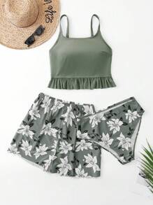 SHEIN Swim Curve Floral Print Casual Plus Size Women Swimsuit Set - Green - View 1