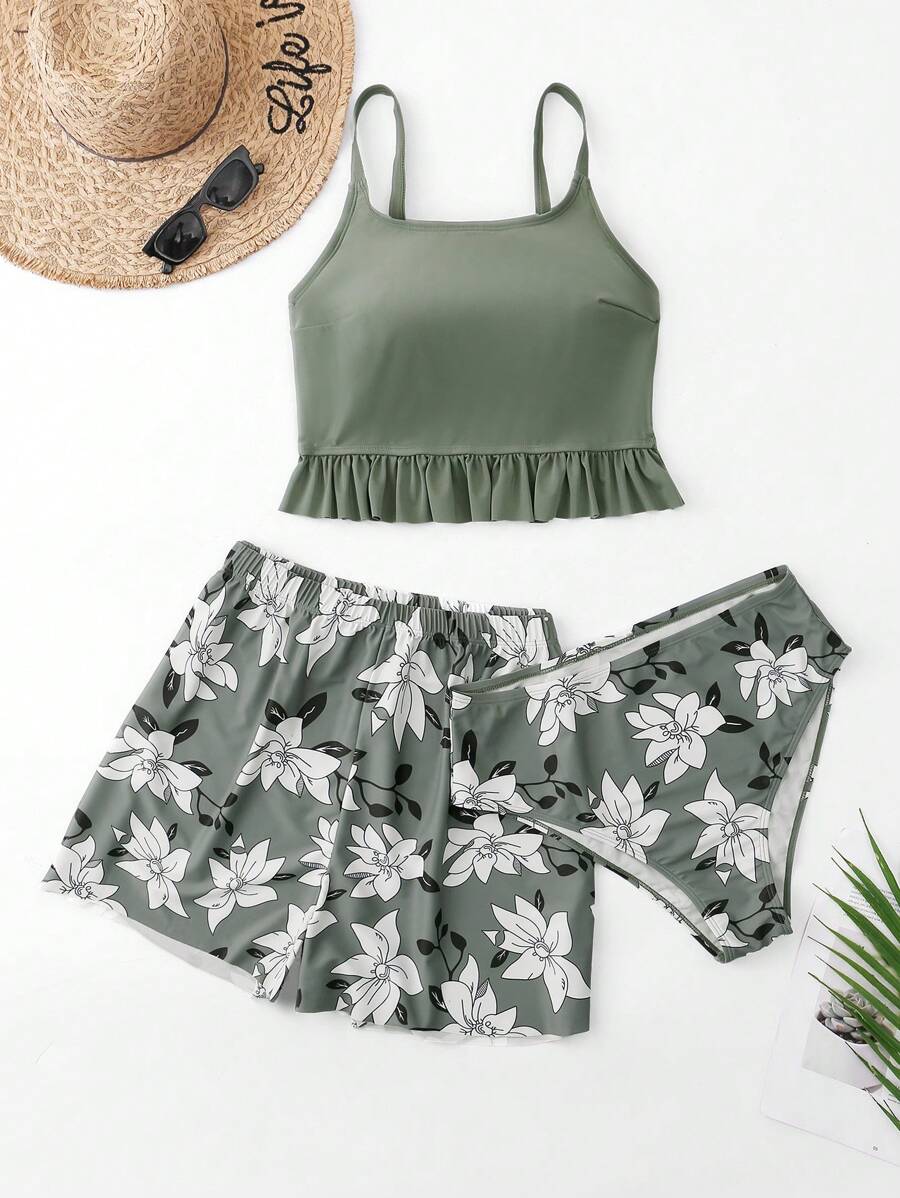 SHEIN Swim Curve Floral Print Casual Plus Size Women Swimsuit Set - Green - View 1