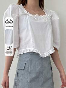 DAZY Square Collar Loose Half Sleeve Bow Decor Women Blouse Summer Cute Tops - White - View 1