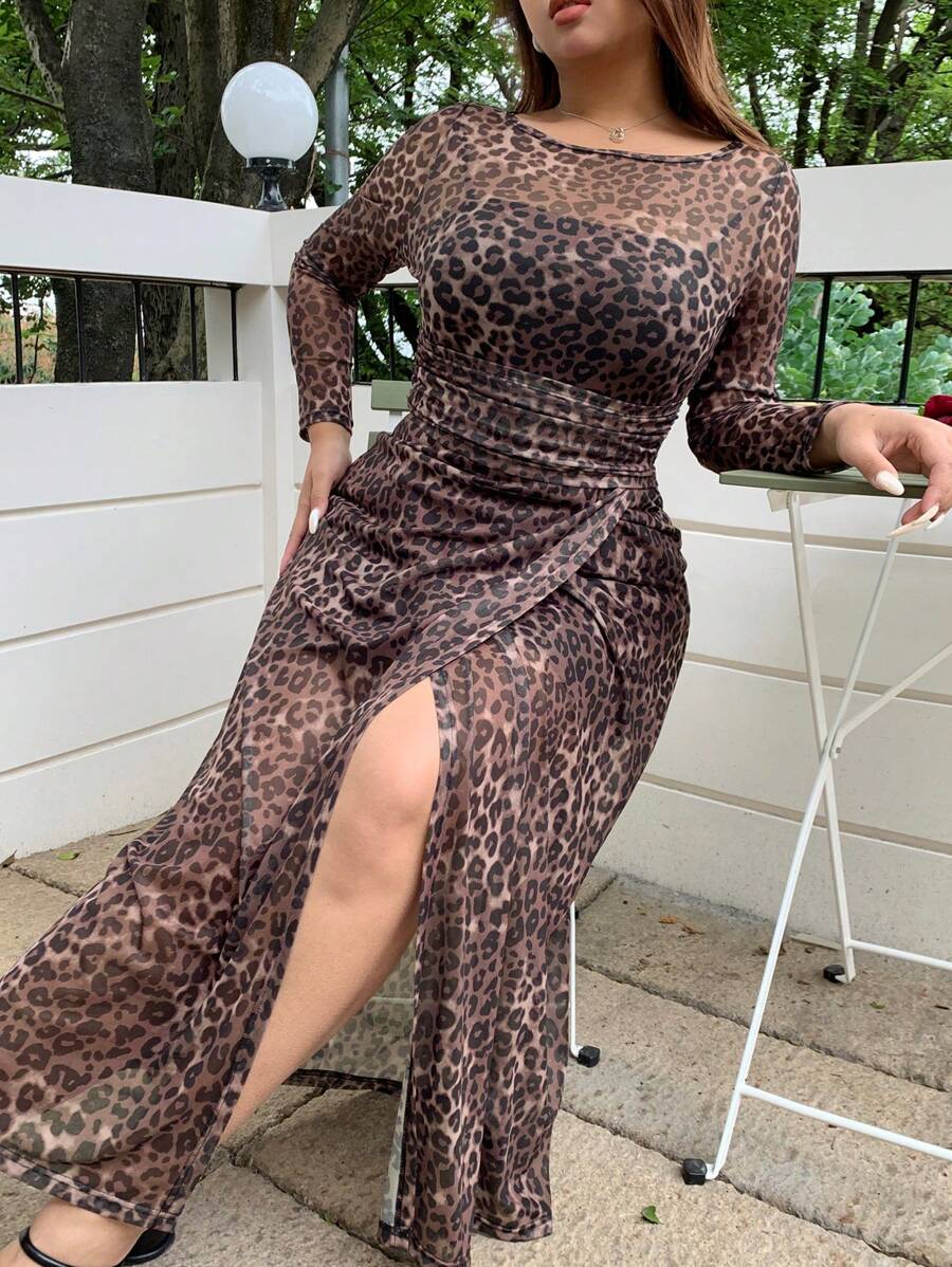 Dazy Plus Plus Size Leopard Print Contrast Mesh Long Sleeve Street Style Dress, Spring/Fall - Coffee Brown - View 1