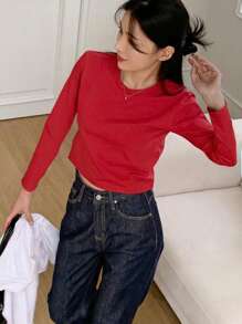 DAZY 女士秋季纯色圆领长袖宽松休闲 T 恤，春夏 - 紅色 - 查看 5