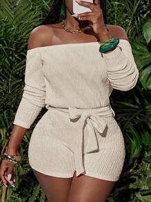 Slaydiva Spring And Summer New Casual Vacation One-Shoulder Long-Sleeved Raglan Sleeves Loose Upper Body Slim-Fitting Shorts Waist Straps Orange Vertical Striped Knitted Fabric Women's Tight Jumpsuit - Apricot - View 3