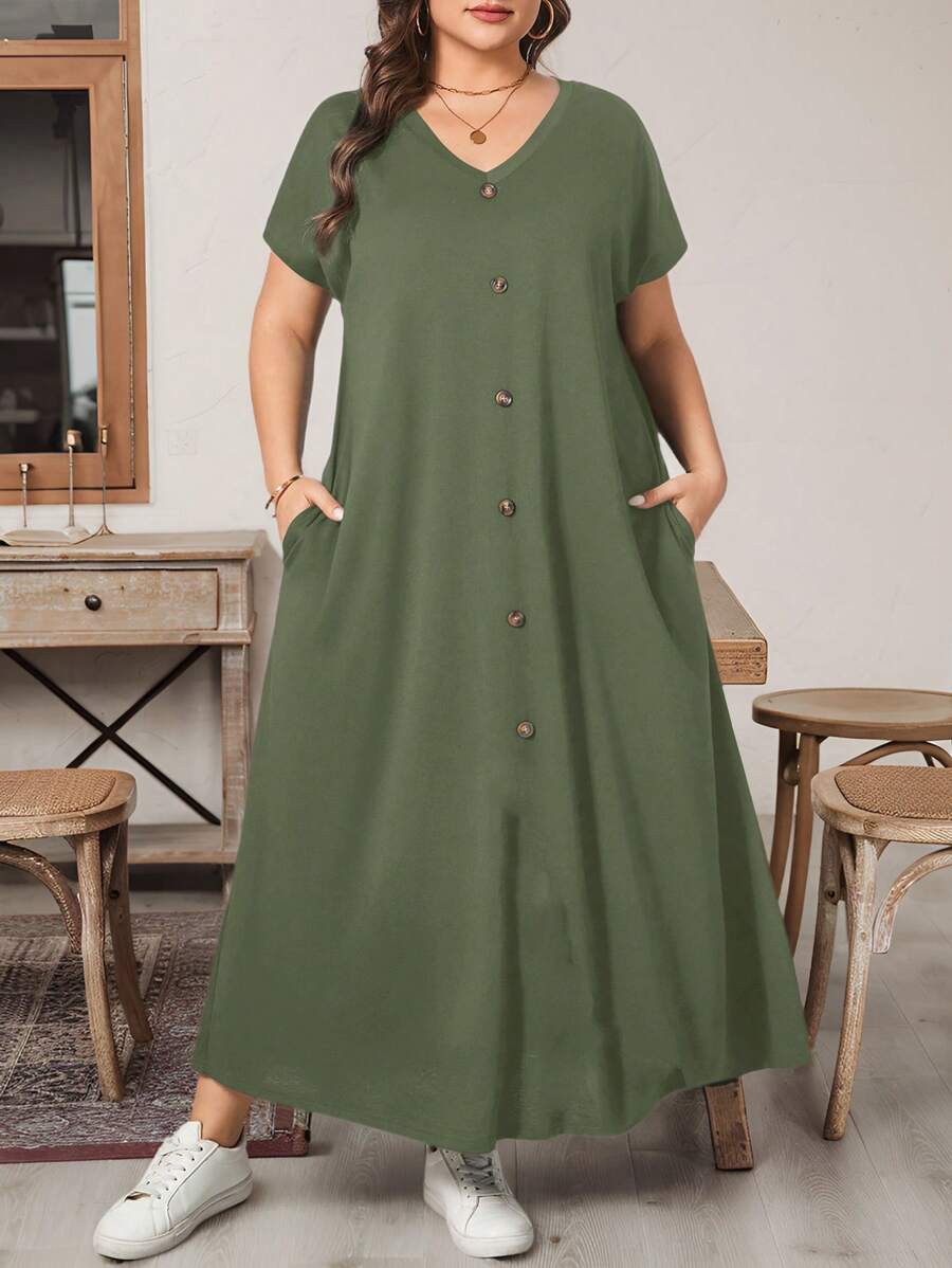 SHEIN Essnce 大码女装春夏时尚休闲宽松舒适日常短袖绿色V领口袋长裙，女装夏季服装，女装教堂服装，老钱风格女装，女装教师服装，女装机场服装，极简主义风格 - 軍綠色 - 查看 1