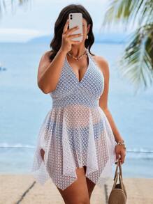 Swim Lushoire Plus Size Women 2pcs/Set White Hollow Contrasting Color Fabric Top With Skirt Swimsuit For Summer Beach Vacation - Blue - View 5