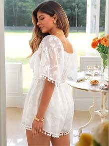 KURAYIA Women Plus Size Sweetheart Neck Criss-Cross Chiffon Floral Cutout With Lining Tassel Elegant Romper, Suitable For Vacation & Outdoor