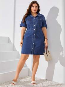 SHEIN Privé 大码女式单排扣短袖口袋休闲牛仔连衣裙