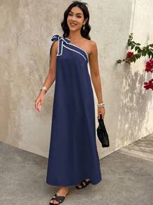 Selianne Women's Loose Long Dress With Wave Ruffle Trim - Navy Blue - View 3