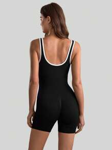 SHEIN Sports V-Neck Contrast Color Back-Lace Sports Jumpsuit For Women, Ribbed Shorts, Jumpsuit, Spring/Summer - Black - View 2
