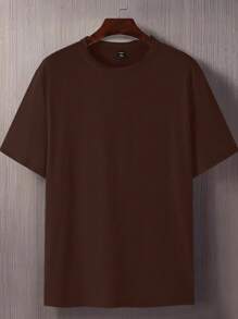 Manfinity Homme Plus Size Men Plain Round Neck Short Sleeve Casual Versatile T-Shirt - Coffee Brown - View 2