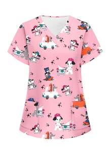 PopScrub Cartoon Print Short Sleeve Scrub Uniform Top Women Summer Tops Scrub Tops For Women Scrub Sets For Women Scrubs Scrub Sets Scrubs For Women,Women's Fashion Casual Sports Scrub Tops, Business Women Clothing, Women's Summer Tops Multi-Occasion Wear Versatility, Women's Summer Beach Shirts,Tops With Cute Puppies, Bees, Insects, Kittens, Flowers, Grass, Trees, Hearts, Clouds, Ice Cream, Donuts, Butterflies, Starfish, Tie-Dye And Other Printed Patterns