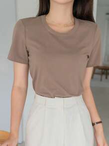 DAZY Camiseta Sólida De Cuello Redondo - Café integral - Ver 10