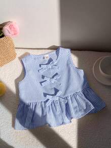 SHEIN Young Girl Cute Summer Versatile Pink Striped Bow Sleeveless Blouse
