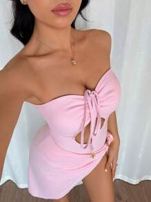 Elenzga Bộ đồ bơi liền thân màu hồng dễ thương mùa hè mới cho nữ, thanh lịch và thon gọn, kiểm soát bụng, có váy đi biển, đi nghỉ ở bãi biển - Hồng - Xem 2