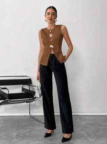 SHEIN Essnce Fashionable Sleeveless Metal Buckle Top For Commuting, Summer - Coffee Brown - View 1