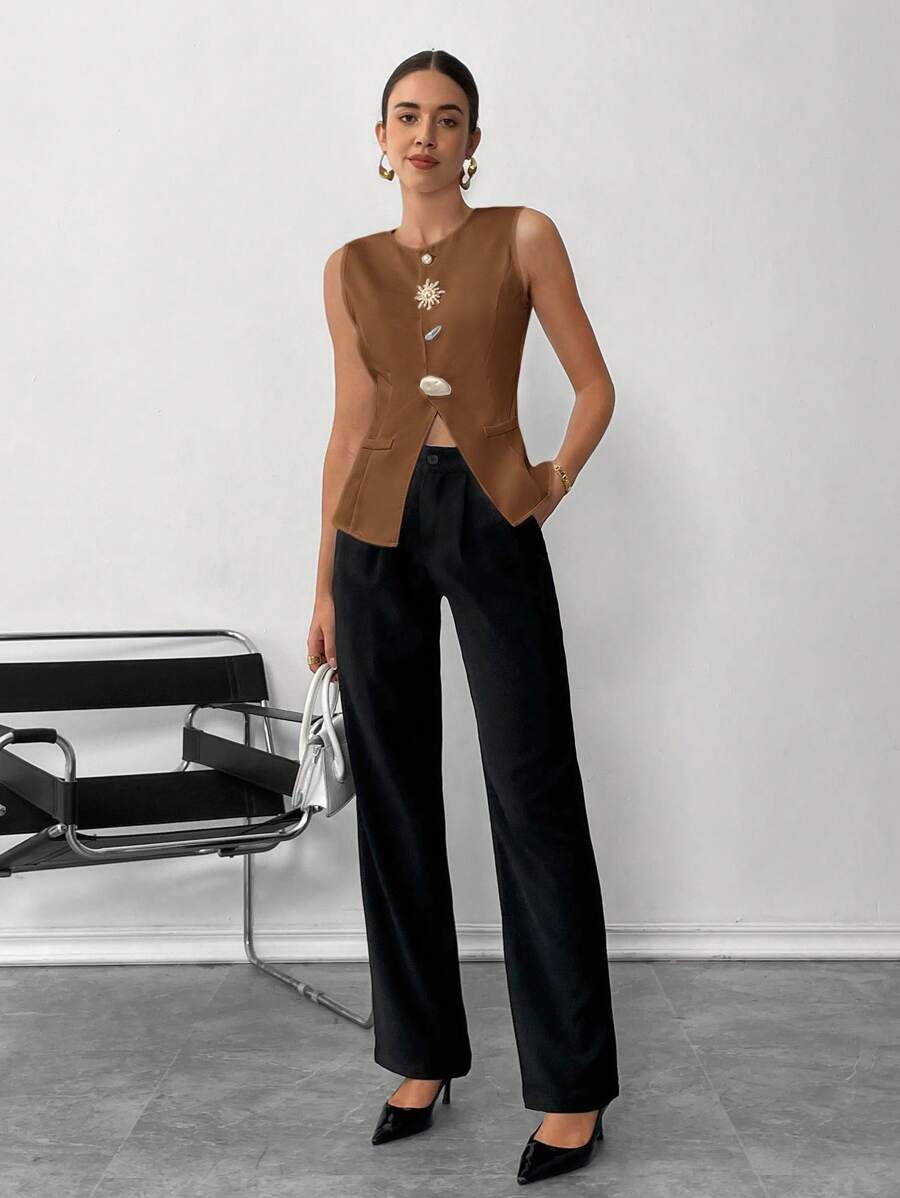 SHEIN Essnce Fashionable Sleeveless Metal Buckle Top For Commuting, Summer - Coffee Brown - View 1