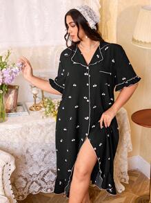 CottageSlumber Plus Size Floral Cherry Print Ruffle Collar Open Front Nightgown, Moo Moo Sleep Dress Cozy And Elegant Details - Black - View 3