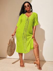 Slaydiva Plus Size Women's Hand-Knitted Plus Size Short Sleeve Long Cover Up For Summer Beach Vacation - Mint Green - View 1