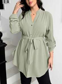Shapeblank Plus Size Women Autumn And Spring Casual Loose Long Sleeve Green Long V Neck Shirt,Button Down Work Shirts,Teacher,Back To School,Office Wear,Spring Tops - Mint Green - View 7