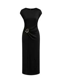 Ellevyn Abito da donna elegante a vita attorcigliata con bottoni in metallo, adatto per l'ufficio e il casual, abbigliamento estivo da donna, abiti da donna