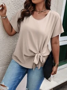 SHEIN LUNE Plus Size Summer Casual Solid Color Drawstring Shirt - Apricot - View 1