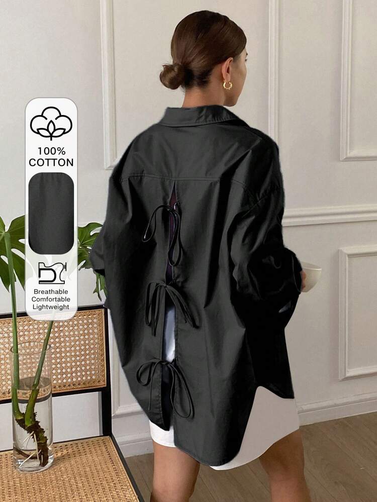 Plain Loose Long Sleeve Collared Back-Slit Tied Bow Casual Women Blouse, Spring,Fall Clothes