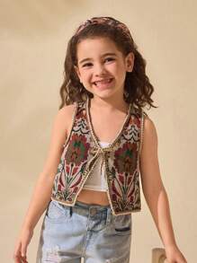 Adorable Girl Floral Patterned Vest, Versatile Summer